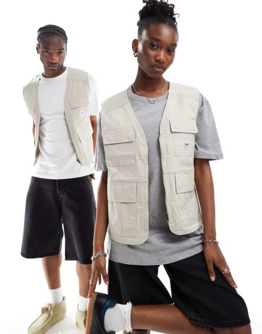 Chaleco color piedra unisex holgado de estilo worker utilitario con etiqueta de Lee