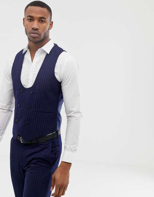 Traje de corte slim azul medio con rayas finas estilo tiza de Harry Brown, 3 de 4