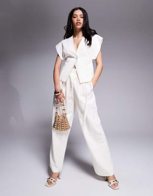 Chaleco de sastre blanco marfil cruzado de tejido con lino de ASOS DESIGN (parte de un conjunto), 2 de 4
