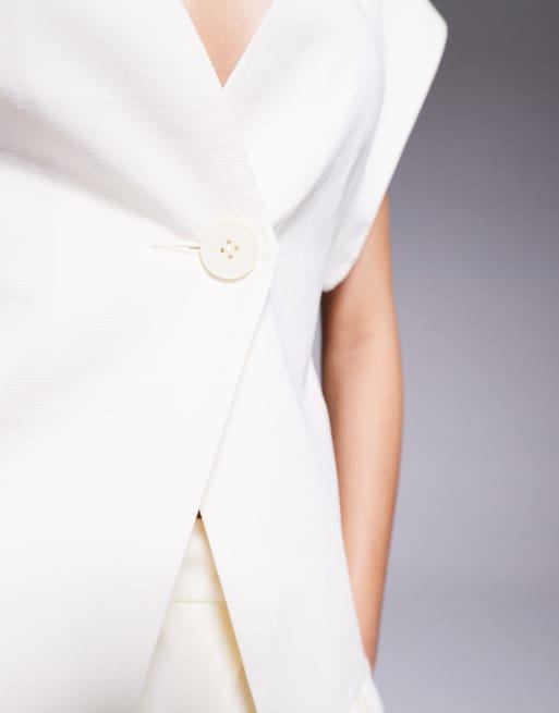 Chaleco de sastre blanco marfil cruzado de tejido con lino de ASOS DESIGN (parte de un conjunto), 3 de 4