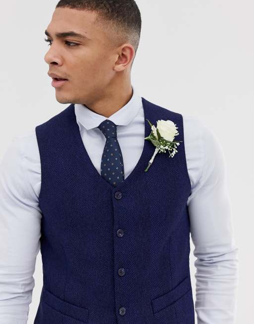 Chaleco de traje ajustado azul de mezcla de lana con espiga de ASOS DESIGN Wedding, 3 de 4