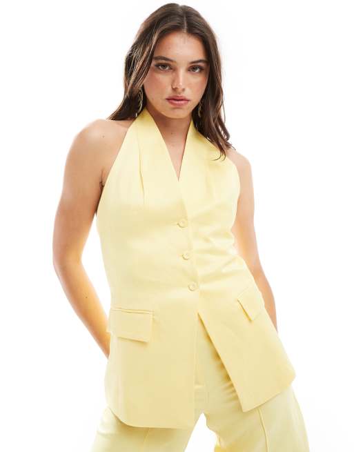 Chaleco de traje amarillo con cuello halter de mezcla de lino de Mango (parte de un conjunto)