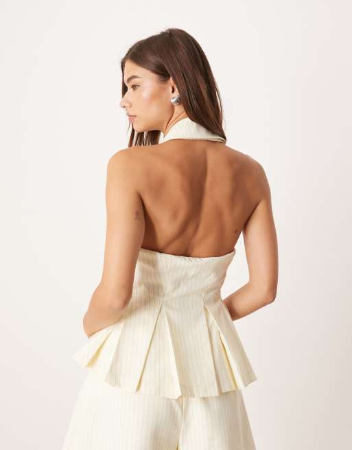 Chaleco de traje amarillo crema con raya diplomática y cintura ceñida de ASOS LUXE (parte de un conjunto), 4 de 4