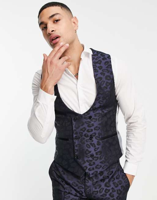 Chaleco de traje azul marino con diseño de leopardo de jacquard de Twisted Tailor, 2 de 4