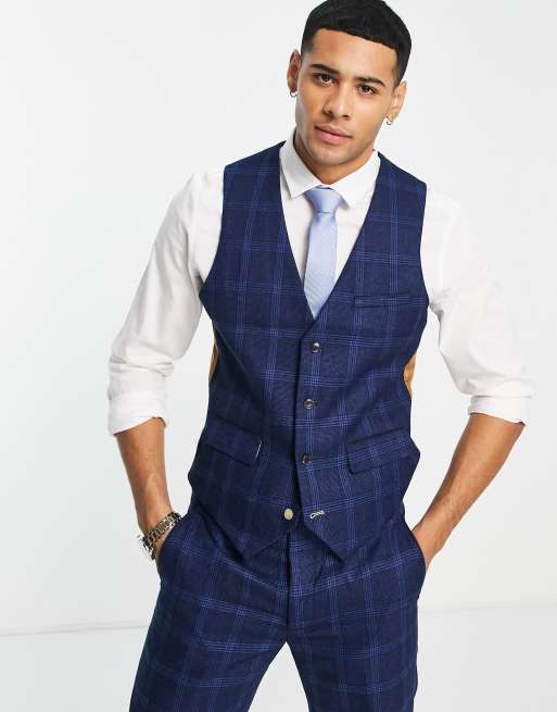 Chaleco de traje azul marino con estampado de cuadrícula de corte slim de Harry Brown
