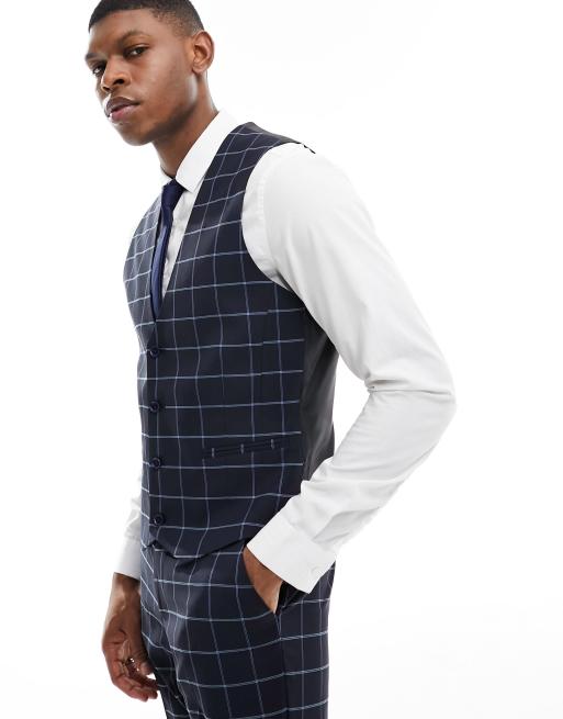 Chaleco de traje azul marino entallado con estampado de cuadrícula de ASOS DESIGN