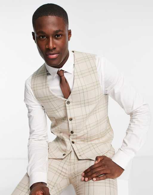 Chaleco de traje beis a cuadros de corte muy entallado Mix & Match de ASOS DESIGN 
