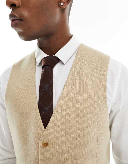 Chaleco de traje beis de corte slim con textura de tejido panamá de mezcla de lana de ASOS DESIGN Wedding, 3 de 5
