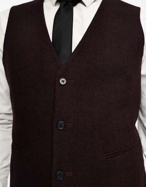 Chaleco de traje burdeos de corte slim de espiguilla de mezcla de lana de ASOS DESIGN, 4 de 5