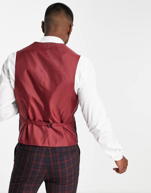 Chaleco de traje burdeos muy ajustado con estampado de cuadros escoceses de ASOS DESIGN Wedding, 2 de 4