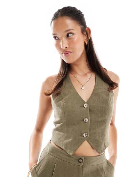 Chaleco de traje caqui abotonado con cuello halter de mezcla de lino de Miss Selfridge - view 1