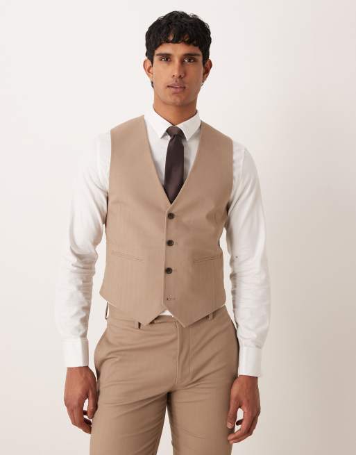 Chaleco de traje color piedra entallado con patrón de espiga de ASOS DESIGN