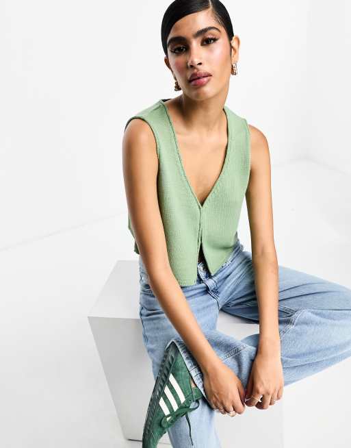 Chaleco de traje corto caqui con detalle de abertura delantera de ASOS DESIGN