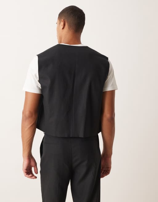 Chaleco de traje corto negro de corte cuadrado de mezcla de lino de ASOS DESIGN , 3 de 5