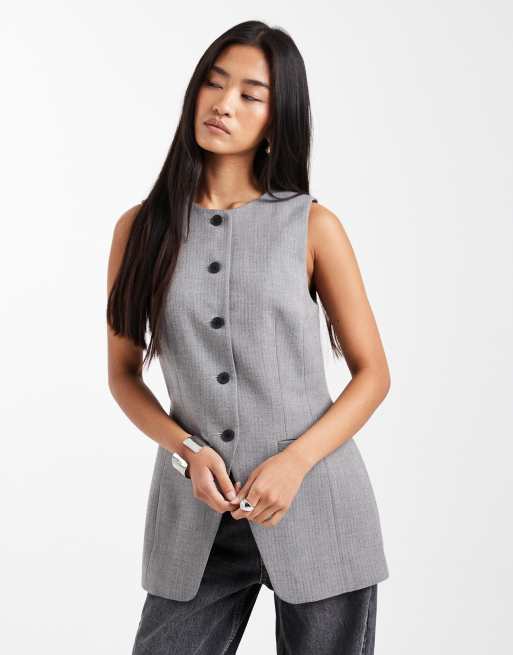 Chaleco de traje de sastre monocromático con cuello alto, cadera moldeada y patrón de espiga de ASOS DESIGN, 2 de 4