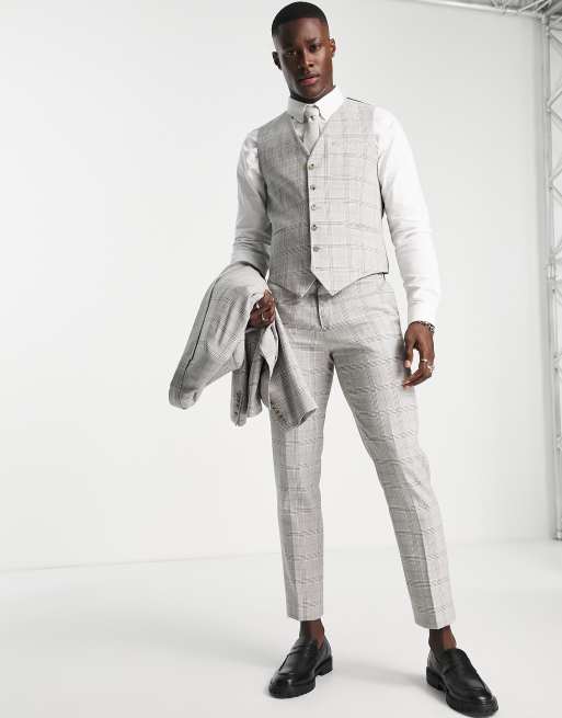 Chaleco de traje gris a cuadros de corte slim de lino Jessop de Shelby & Sons, 4 de 4