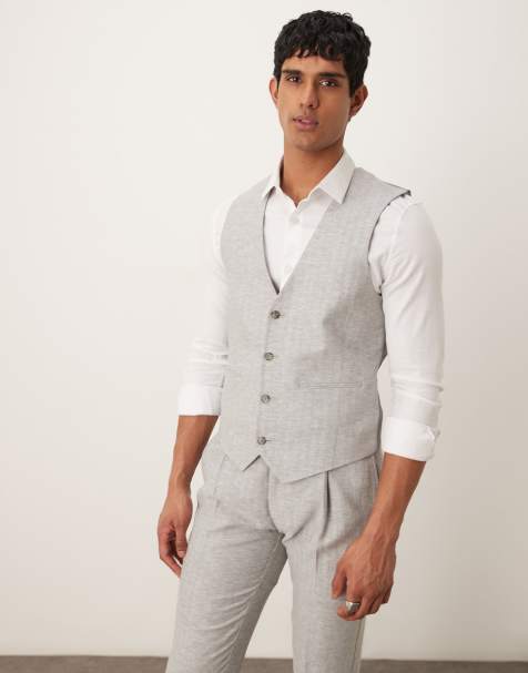 Chaleco de traje gris de corte slim con patrón de espiga de mezcla de algodón y lino de ASOS DESIGN - view 1