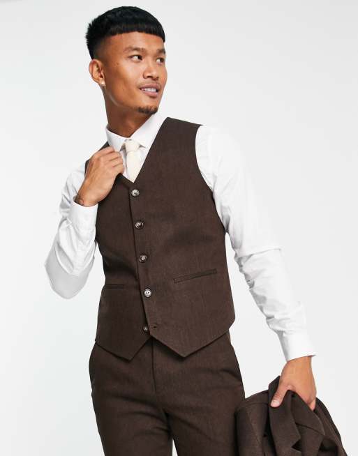 Chaleco de traje marrón de corte muy entallado de tweed de mezcla de lana de ASOS DESIGN