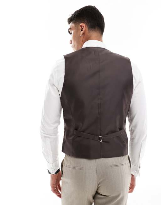 Chaleco de traje marrón de corte slim con patrón de espiga de mezcla de lana de ASOS DESIGN Wedding, 3 de 5
