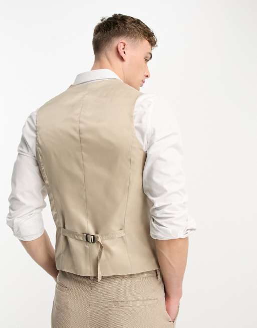 Chaleco de traje marrón entallado de tejido microtexturizado de mezcla de lino de ASOS DESIGN Wedding, 4 de 5