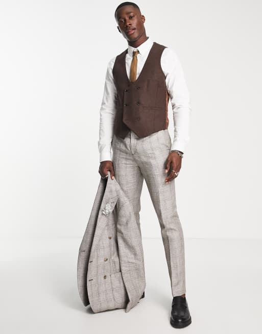 Chaleco de traje marrón estilo tweed de corte slim con doble botonadura y solapas de esmoquin de mezcla de lino de Harry Brown Wedding, 4 de 4