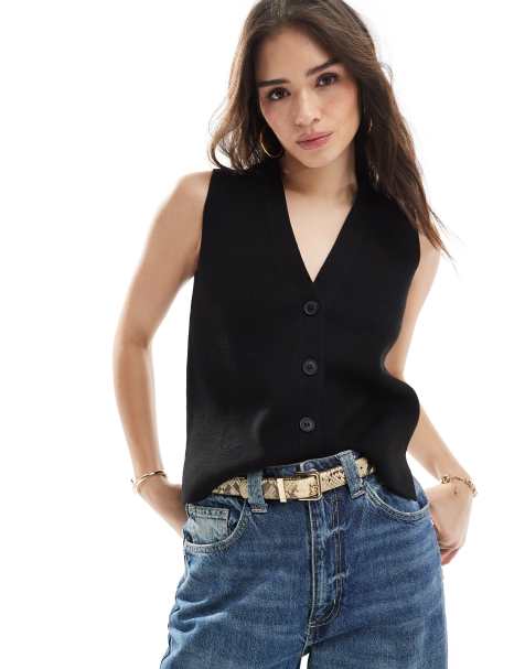 Chaleco de traje negro abotonado de punto de New Look - view 1