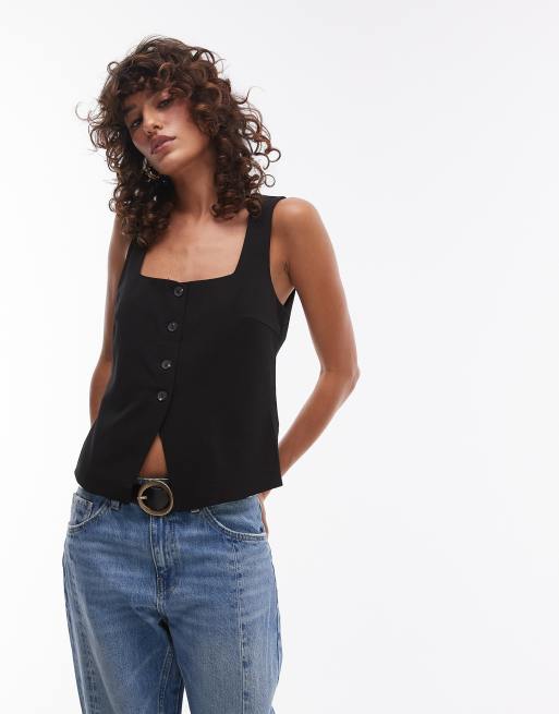 Chaleco de traje negro con cuello cuadrado de Mango