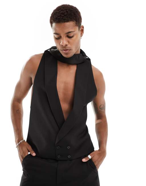 Chaleco de traje negro con cuello halter de bufanda de ASOS DESIGN