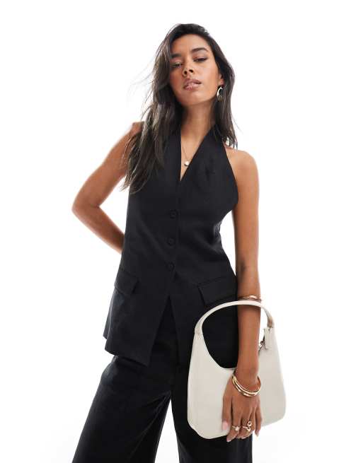 Chaleco de traje negro con cuello halter de lino de Mango (parte de un conjunto)