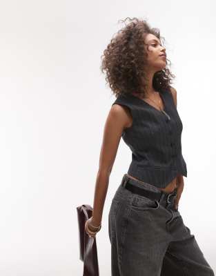 Chaleco de traje negro entallado a rayas con cuello de pico de Topshop (parte de un conjunto) - view 1