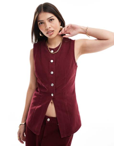 Chaleco de traje vaquero burdeos con abertura delantera de ASOS DESIGN - view 1