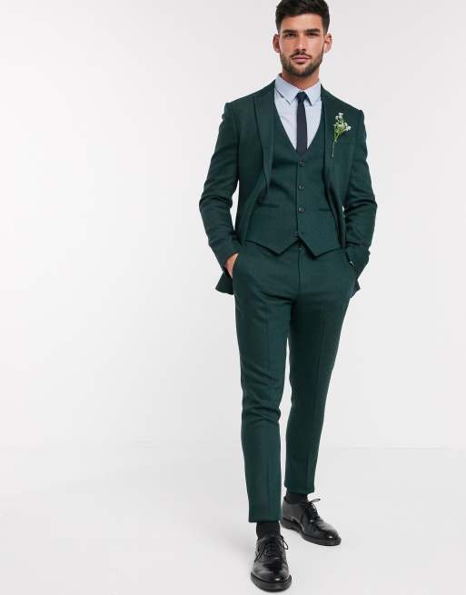 Chaleco de traje verde bosque ajustado con dise o de espiga de mezcla de lana de ASOS DESIGN Wedding