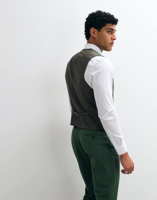 Chaleco de traje verde oscuro intenso de corte slim de sarga rica en lino de ASOS DESIGN, 3 de 5
