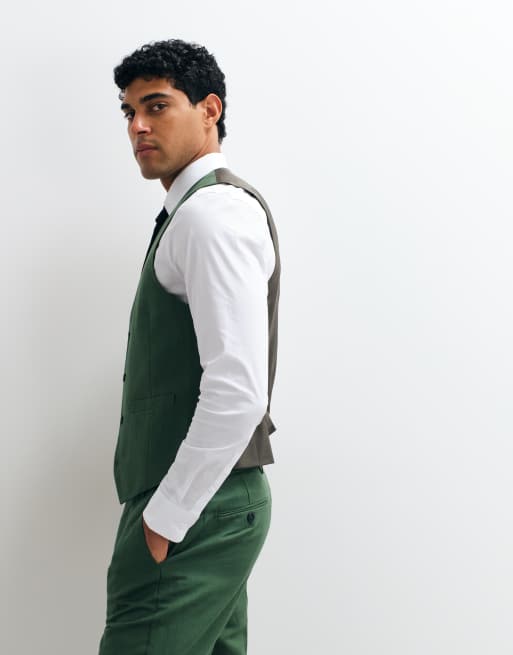 Chaleco de traje verde oscuro intenso de corte slim de sarga rica en lino de ASOS DESIGN, 5 de 5