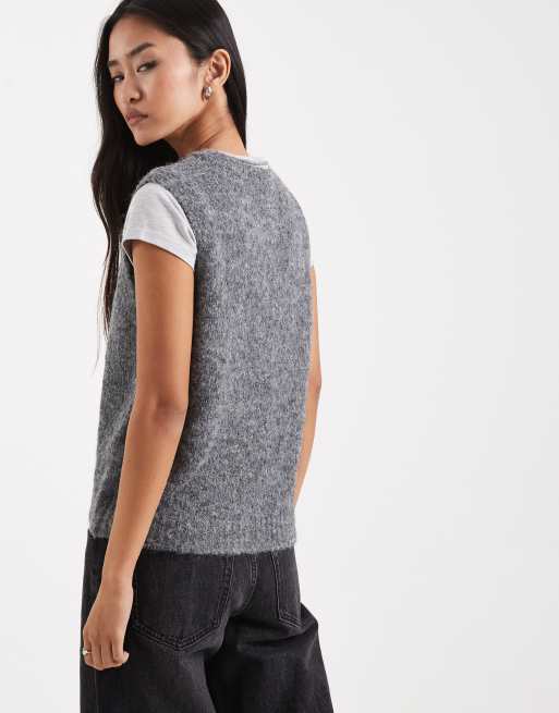 Chaleco gris oscuro melange con botones en la parte delantera de punto mullido suave de Vero Moda, 2 de 4