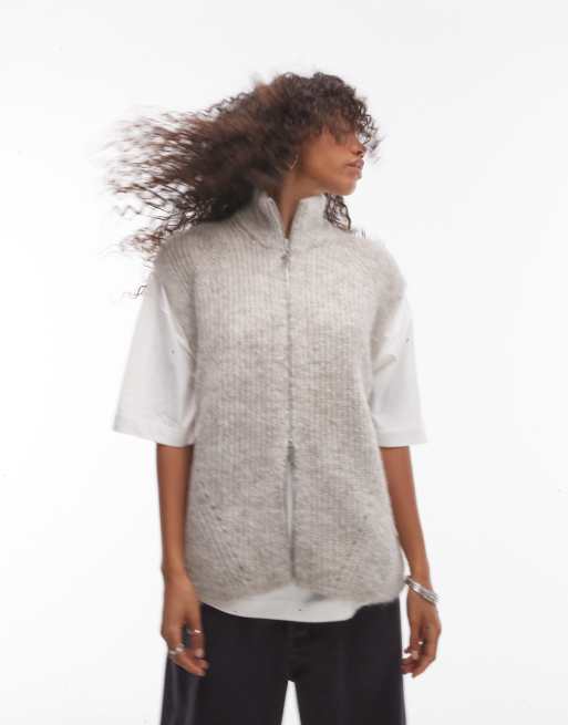 Chaleco largo color avena extragrande con cremallera de punto de Topshop