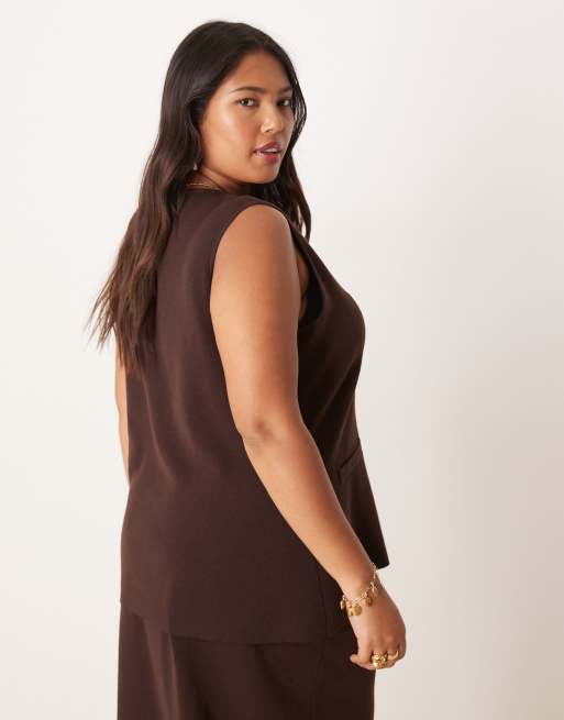 Chaleco marrón chocolate de corte alargado de punto de Pretty Lavish Curve (parte de un conjunto), 4 de 4