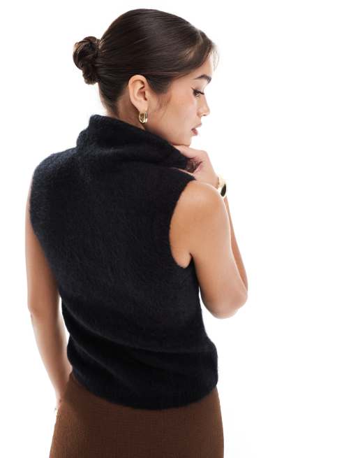 Chaleco negro con cuello vuelto de punto de mezcla de lana de