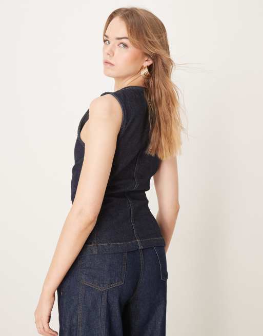    Gina Tricot sleeveless sculpted denim vest in indigo dark wash blue rinse