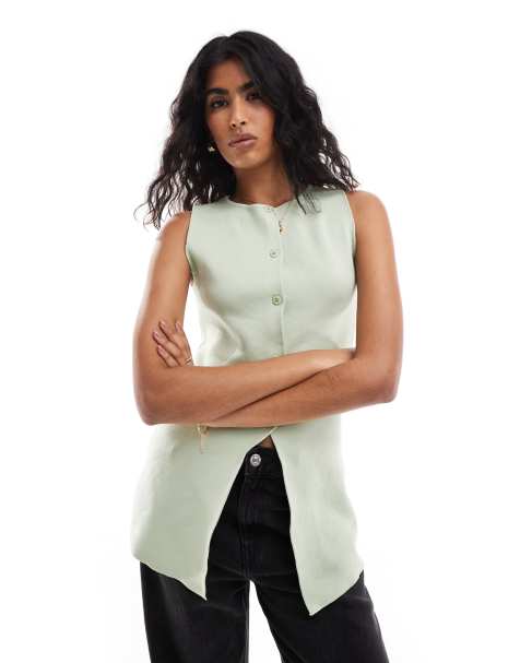Chaleco verde pistacho con cuello redondo y abertura delantera de punto de ASOS DESIGN - view 1