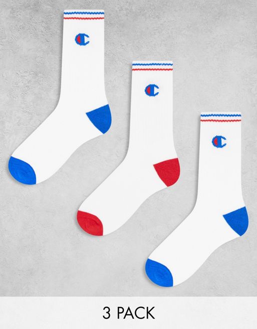 Champion 3 pack crew socks in white with red and blue