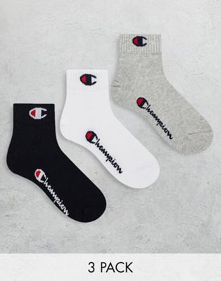 Champion 3 pack logo ankle socks in grey white and black