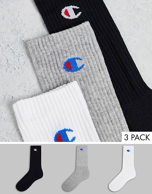 Champion 3 pack logo crew socks in white, grey, black