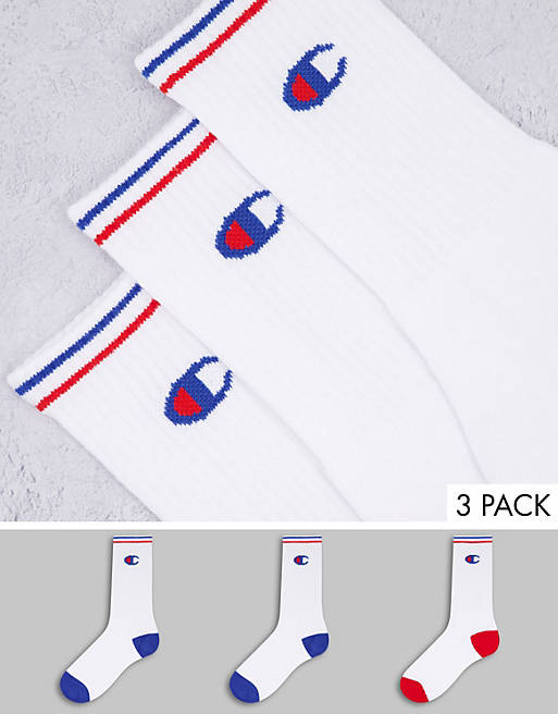 Champion 3 pack logo crew socks in white with blue and red heels
