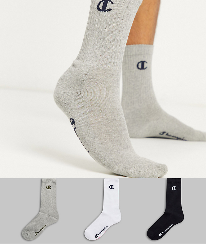 Champion 3 pack logo socks in grey/white/black-Multi
