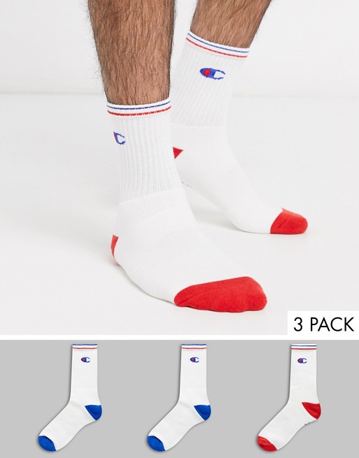 Champion 3 pack logo socks with trim in white