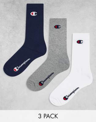 Champion - 3er-Pack Crew-Socken in Marineblau, Weiß und Grau-Bunt