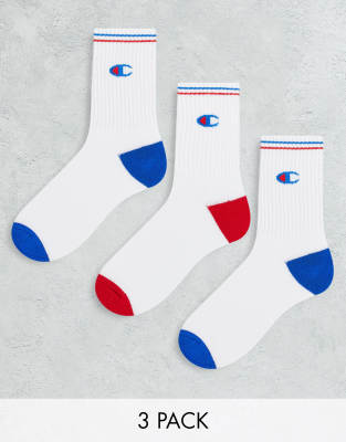 Champion - 3er-Pack Crew-Socken in Weiß mit Blau und Rot und mit Logo-Bunt