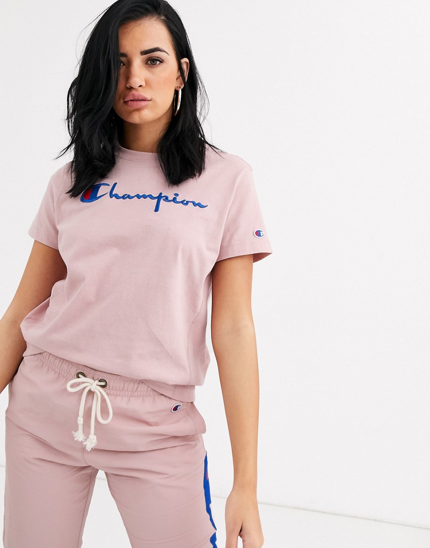Champion — Bagvendt vævet T-shirt med logo-Pink