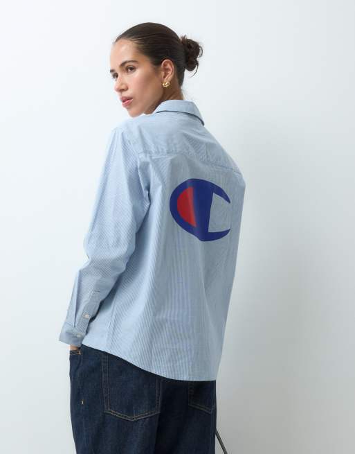 Champion camisa abotonada con estampado trasero a rayas azules, 4 de 5